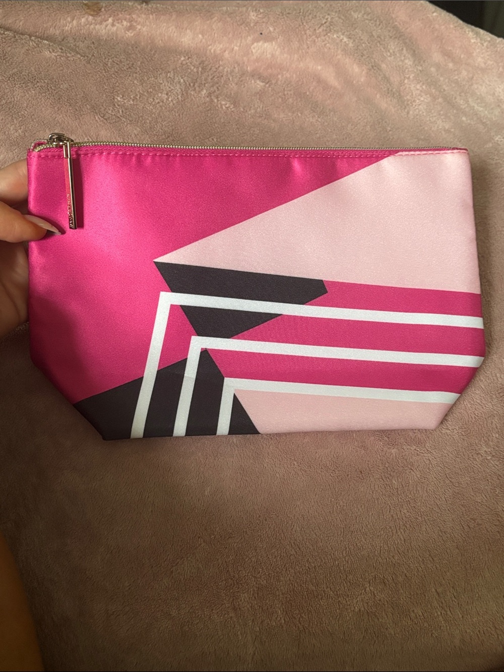 Lancome Pink Geometric 💗🖤Cosmetic Bag with silver Zip Pull